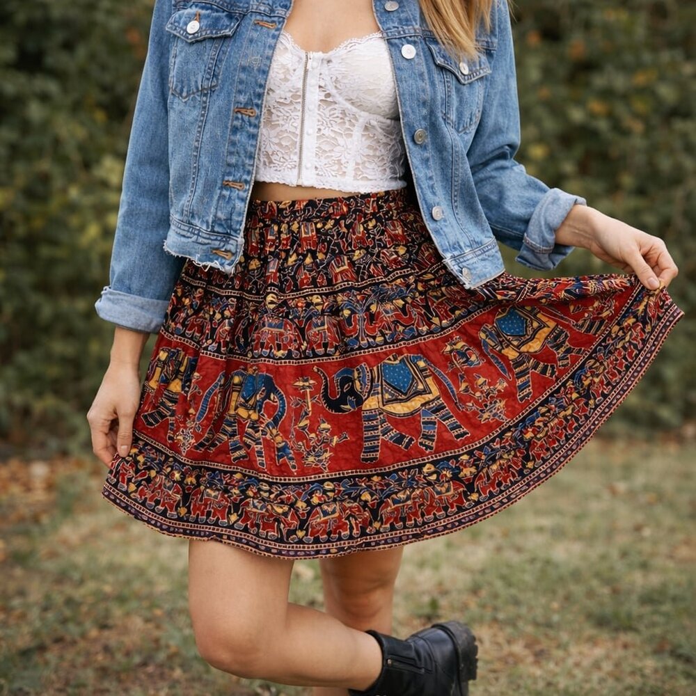 Anthropologie x RAGA Boho India Elephant Parade Mini Skirt Black Red M NWT